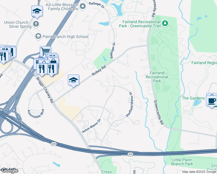 map of restaurants, bars, coffee shops, grocery stores, and more near 13611 Sir Thomas Way in Silver Spring