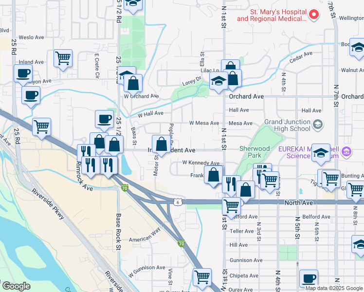 map of restaurants, bars, coffee shops, grocery stores, and more near 368 Independent Avenue in Grand Junction