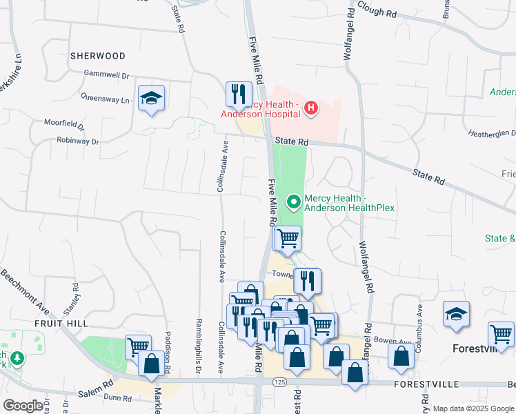 map of restaurants, bars, coffee shops, grocery stores, and more near 1586 Blueorchard Drive in Cincinnati