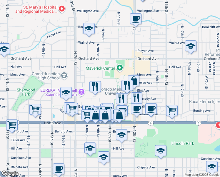 map of restaurants, bars, coffee shops, grocery stores, and more near 960 Elm Avenue in Grand Junction