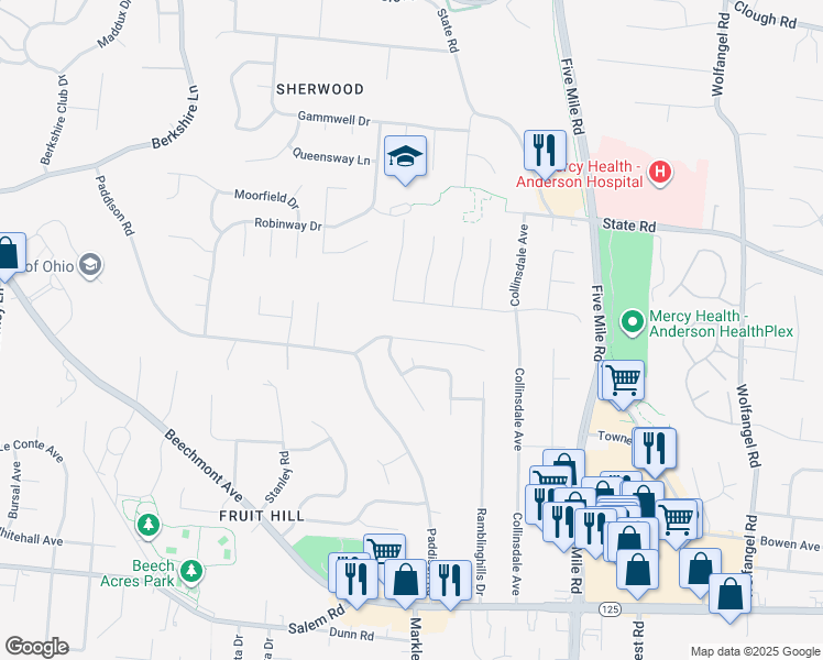 map of restaurants, bars, coffee shops, grocery stores, and more near 7128 Bluecrest Drive in Cincinnati