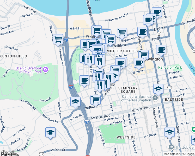 map of restaurants, bars, coffee shops, grocery stores, and more near 807 Main Street in Covington