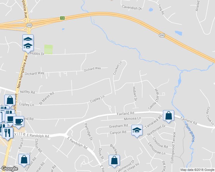 map of restaurants, bars, coffee shops, grocery stores, and more near 13710 Grasmere Road in Silver Spring