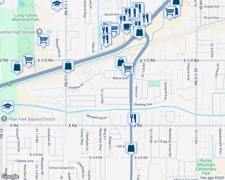 map of restaurants, bars, coffee shops, grocery stores, and more near 3187 Elm Avenue in Grand Junction