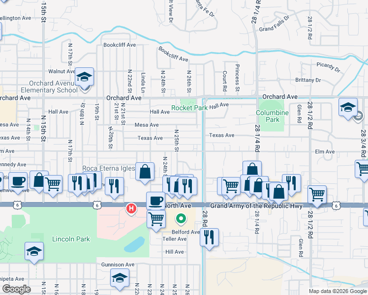 map of restaurants, bars, coffee shops, grocery stores, and more near 2524 Elm Avenue in Grand Junction