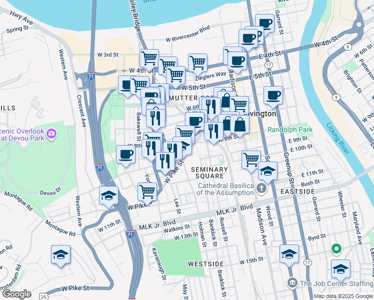 map of restaurants, bars, coffee shops, grocery stores, and more near 257 West Pike Street in Covington
