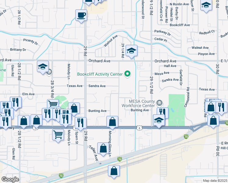 map of restaurants, bars, coffee shops, grocery stores, and more near 2918 Morning Glory Lane in Grand Junction
