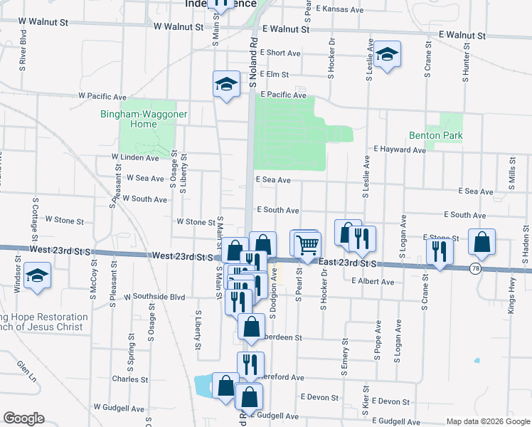 map of restaurants, bars, coffee shops, grocery stores, and more near 219 East South Avenue in Independence