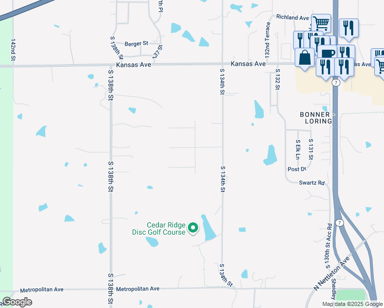 map of restaurants, bars, coffee shops, grocery stores, and more near 13521 Pioneer Drive in Bonner Springs