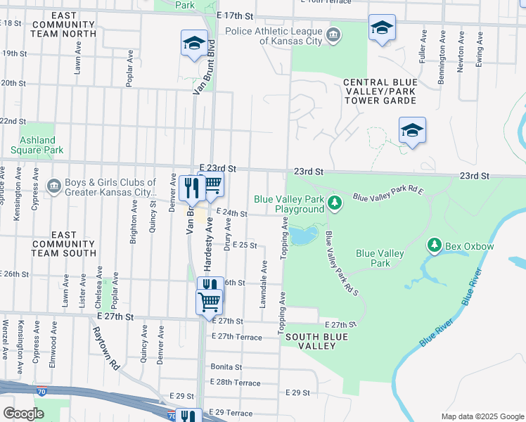 map of restaurants, bars, coffee shops, grocery stores, and more near 2350 Lawndale Avenue in Kansas City