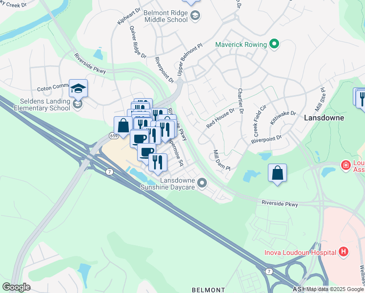 map of restaurants, bars, coffee shops, grocery stores, and more near 19332 Gardner View Square in Leesburg