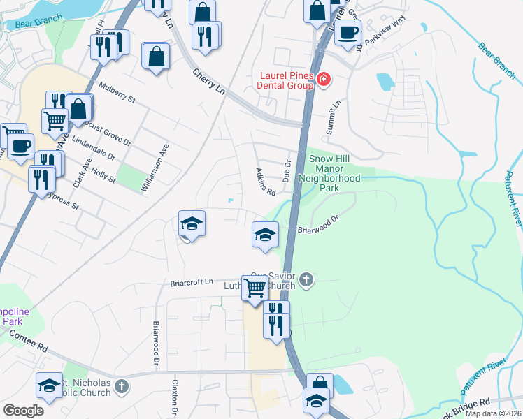 map of restaurants, bars, coffee shops, grocery stores, and more near 13908 Briarwood Drive in Laurel