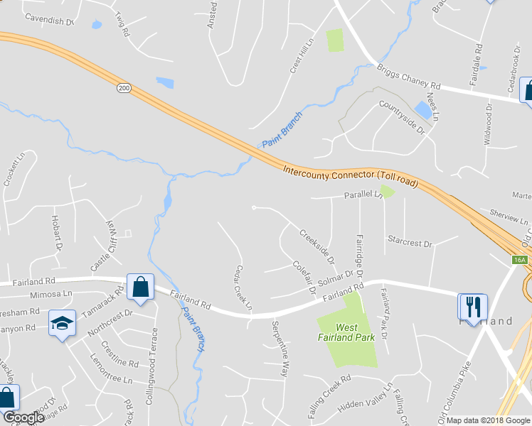 map of restaurants, bars, coffee shops, grocery stores, and more near 13720 Creekside Drive in Silver Spring