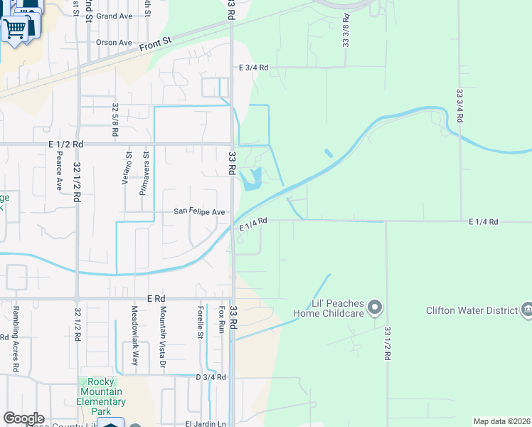 map of restaurants, bars, coffee shops, grocery stores, and more near 3308 East 1/4 Road in Clifton