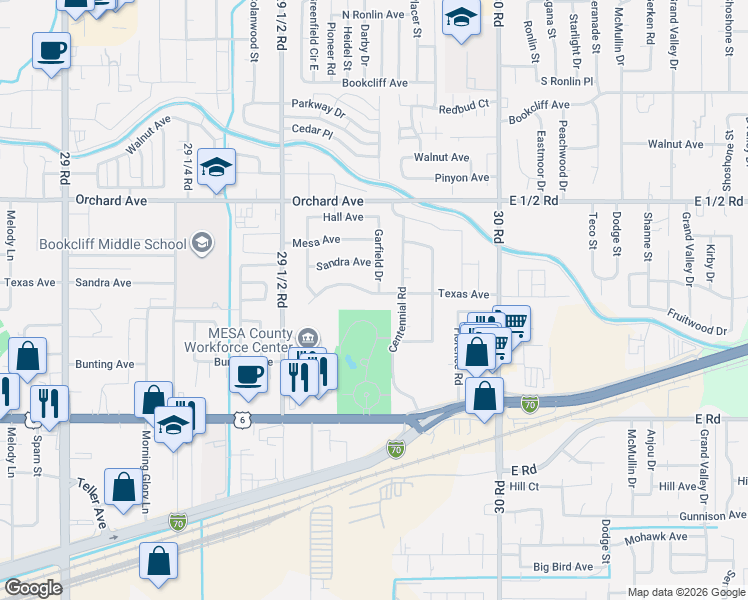 map of restaurants, bars, coffee shops, grocery stores, and more near 2967 Texas Avenue in Grand Junction