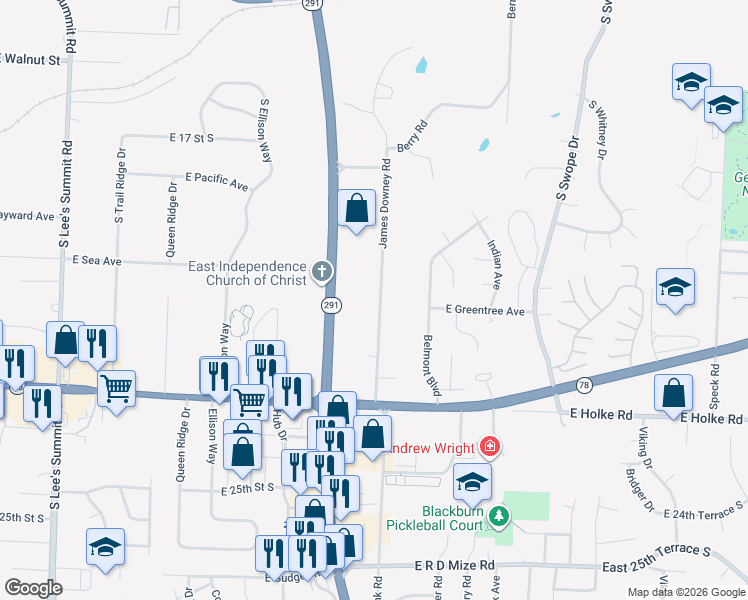 map of restaurants, bars, coffee shops, grocery stores, and more near 2100 James Downey Road in Independence