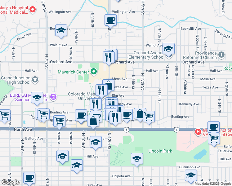 map of restaurants, bars, coffee shops, grocery stores, and more near 1460 North 12th Street in Grand Junction