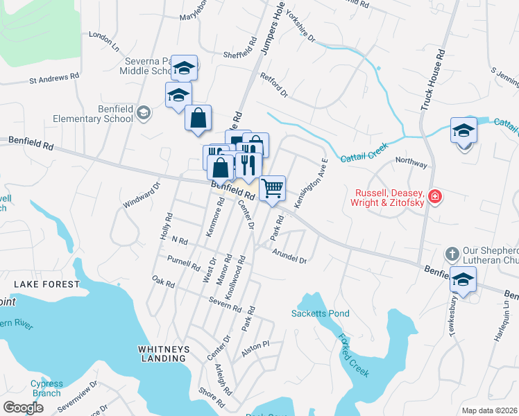 map of restaurants, bars, coffee shops, grocery stores, and more near 539 Benfield Road in Severna Park