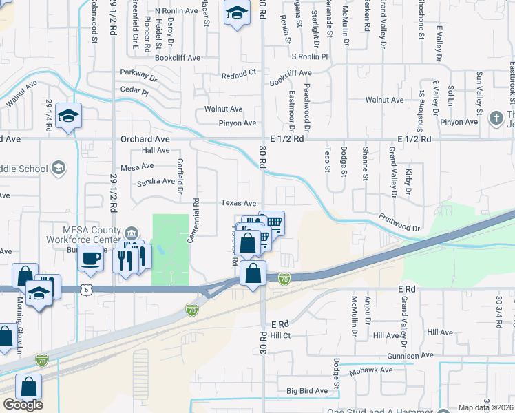 map of restaurants, bars, coffee shops, grocery stores, and more near 524 30 Road in Grand Junction