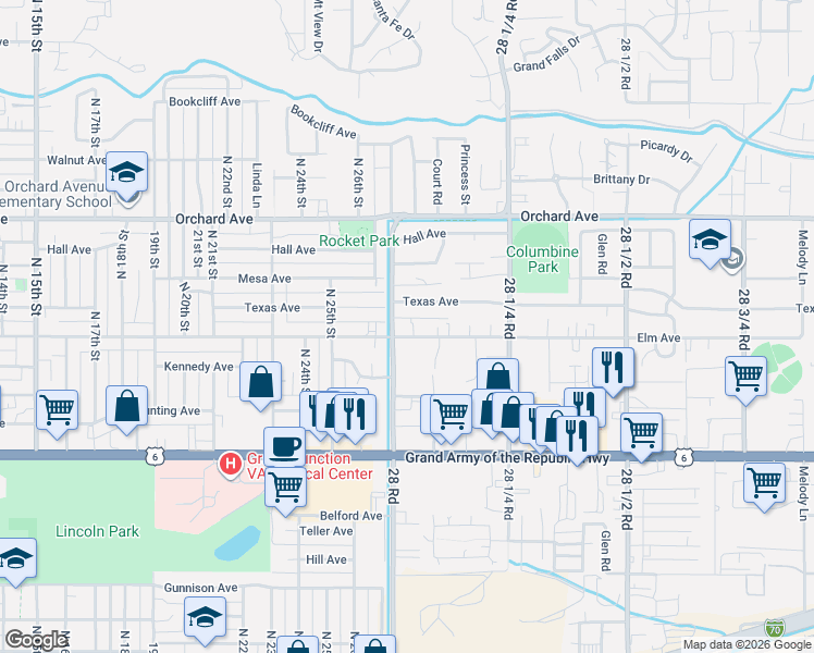map of restaurants, bars, coffee shops, grocery stores, and more near 2802 Elm Avenue in Grand Junction