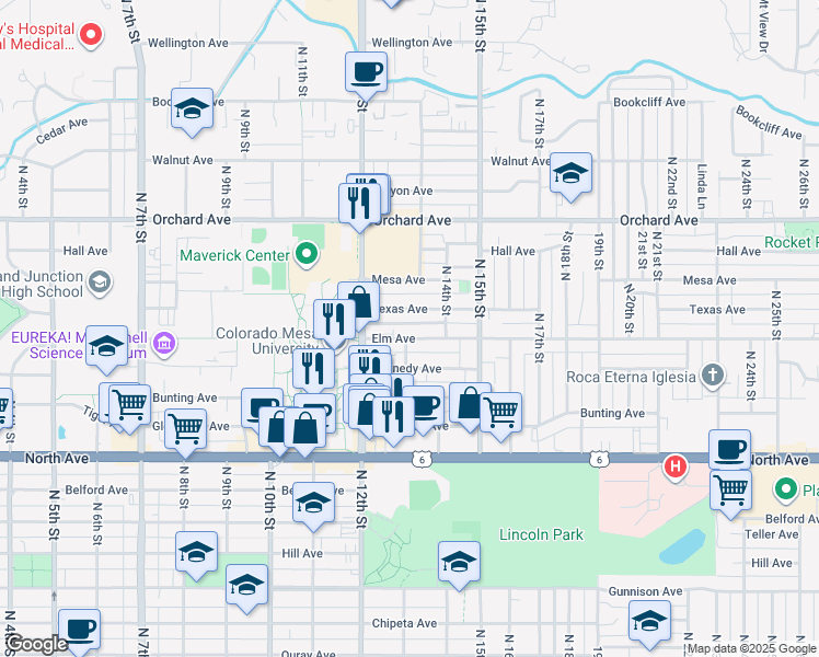 map of restaurants, bars, coffee shops, grocery stores, and more near 1436 North 13th Street in Grand Junction