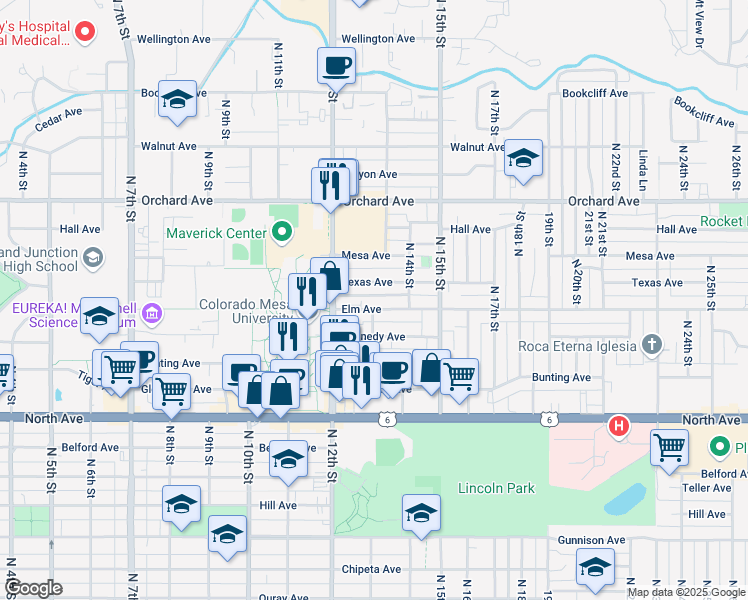 map of restaurants, bars, coffee shops, grocery stores, and more near 1436 North 13th Street in Grand Junction