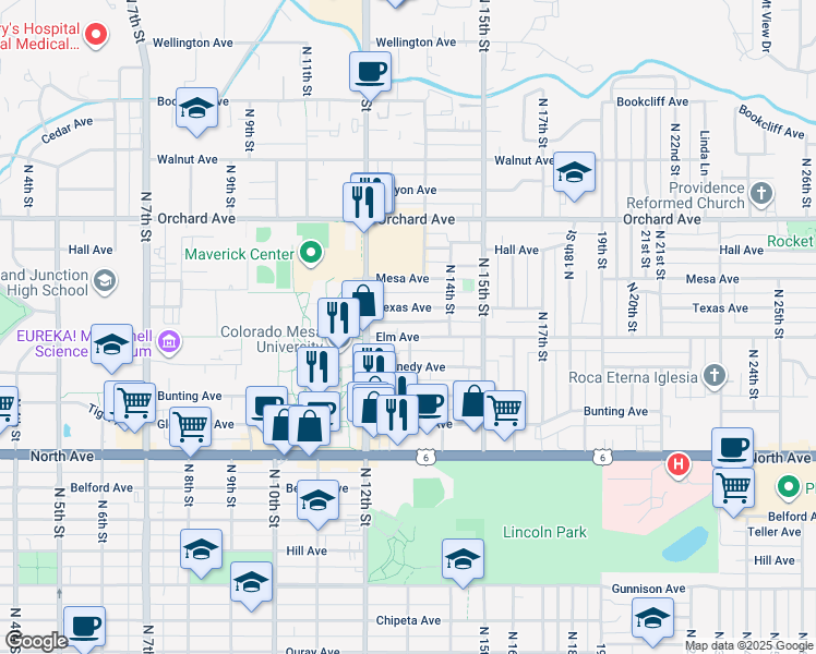 map of restaurants, bars, coffee shops, grocery stores, and more near 1436 North 13th Street in Grand Junction