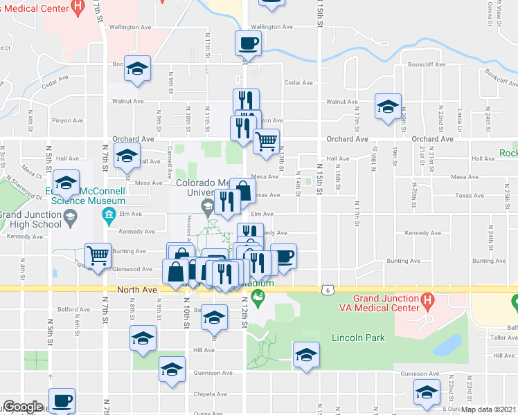 map of restaurants, bars, coffee shops, grocery stores, and more near 1460 North 12th Street in Grand Junction