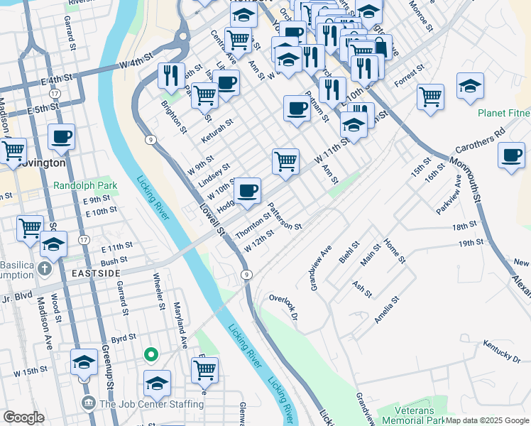 map of restaurants, bars, coffee shops, grocery stores, and more near 420 Thornton Street in Newport