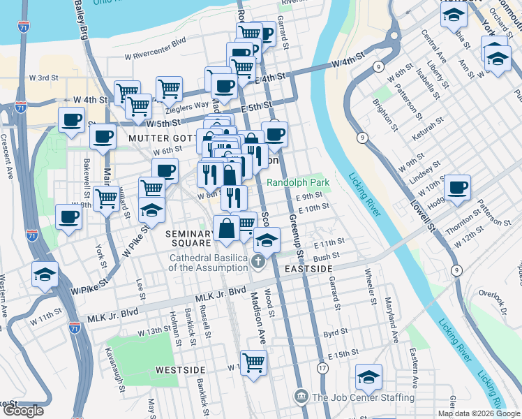 map of restaurants, bars, coffee shops, grocery stores, and more near 16 East 10th Street in Covington