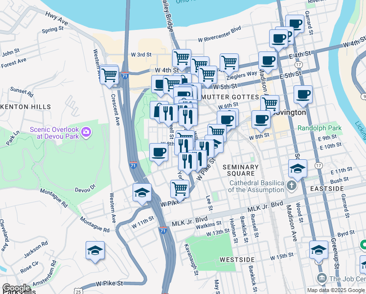 map of restaurants, bars, coffee shops, grocery stores, and more near 818 Main Street in Covington