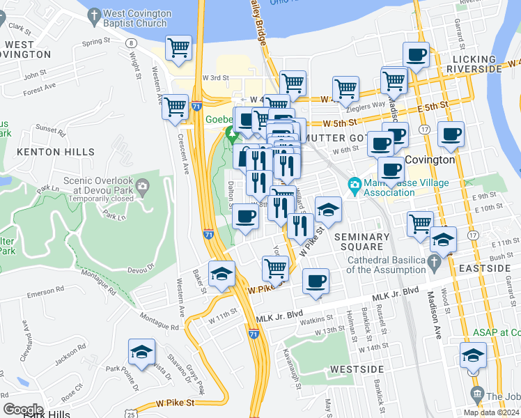 map of restaurants, bars, coffee shops, grocery stores, and more near 813 Bakewell Street in Covington