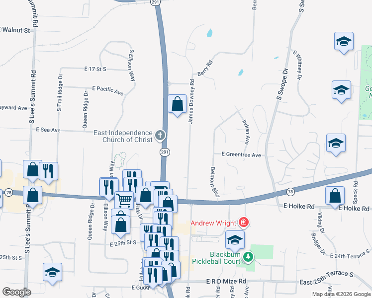 map of restaurants, bars, coffee shops, grocery stores, and more near 2100 James Downey Road in Independence