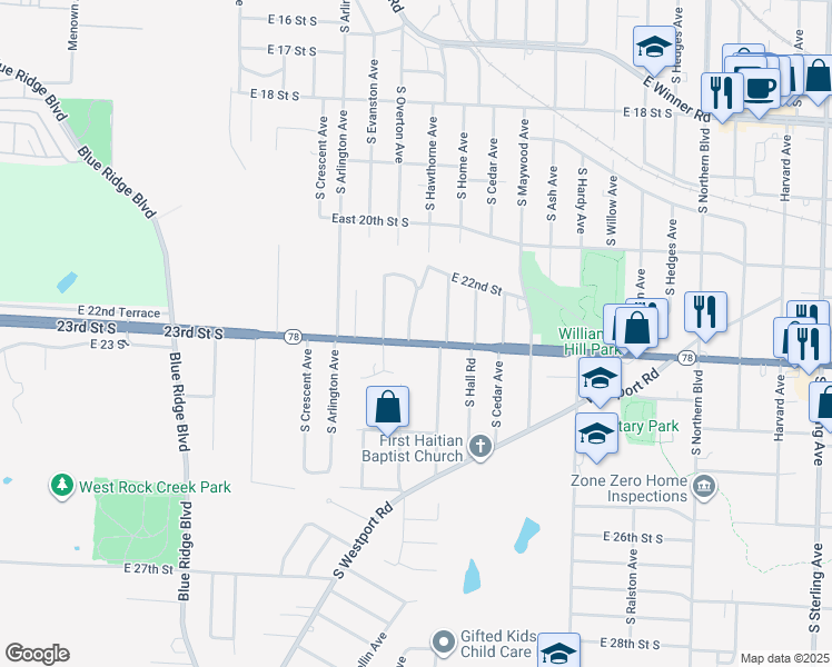map of restaurants, bars, coffee shops, grocery stores, and more near 9807 East 23rd Street South in Independence