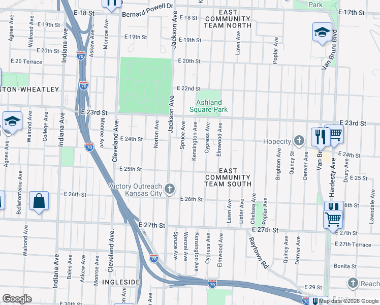 map of restaurants, bars, coffee shops, grocery stores, and more near 2431 Kensington Avenue in Kansas City