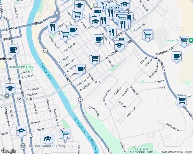 map of restaurants, bars, coffee shops, grocery stores, and more near 335 West 12th Street in Newport