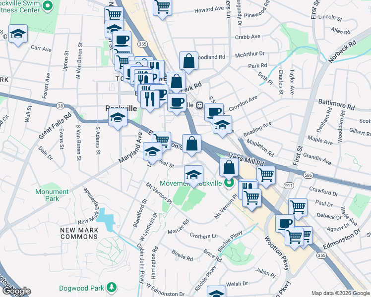 map of restaurants, bars, coffee shops, grocery stores, and more near East Jefferson Street in Rockville