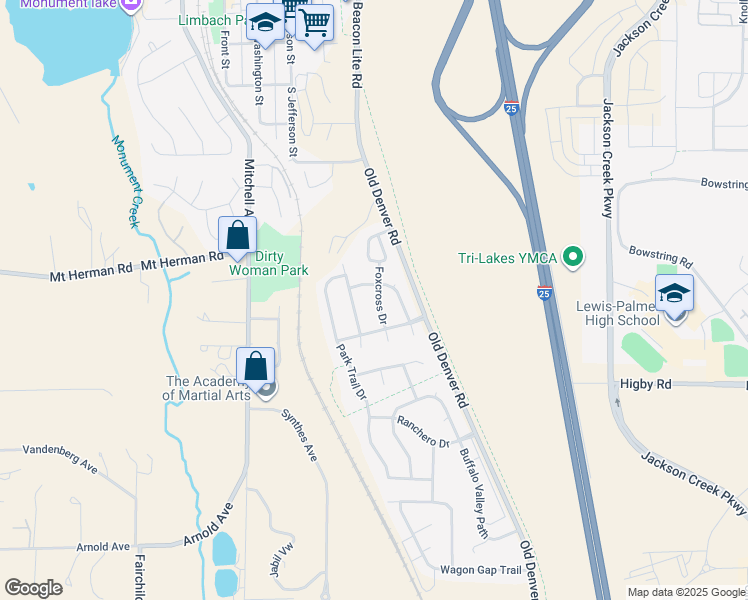 map of restaurants, bars, coffee shops, grocery stores, and more near 17130 Foxcross Drive in Monument