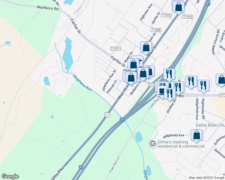map of restaurants, bars, coffee shops, grocery stores, and more near 116 Pittman Court in Stephens City