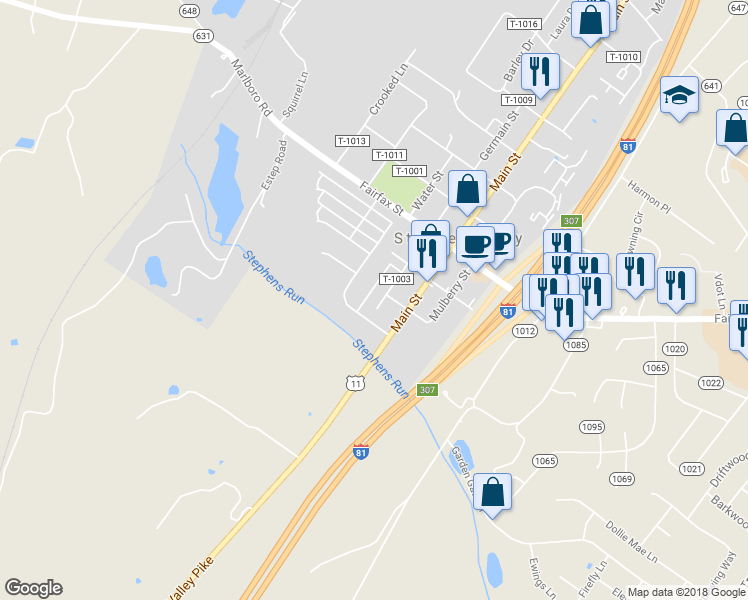 map of restaurants, bars, coffee shops, grocery stores, and more near 116 Pittman Court in Stephens City