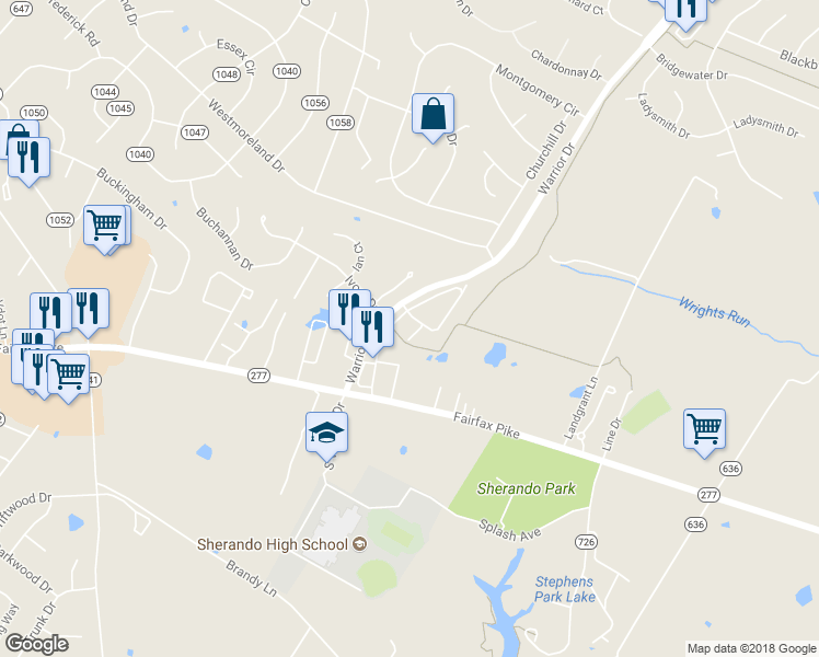 map of restaurants, bars, coffee shops, grocery stores, and more near 115 Peridot Place in Stephens City