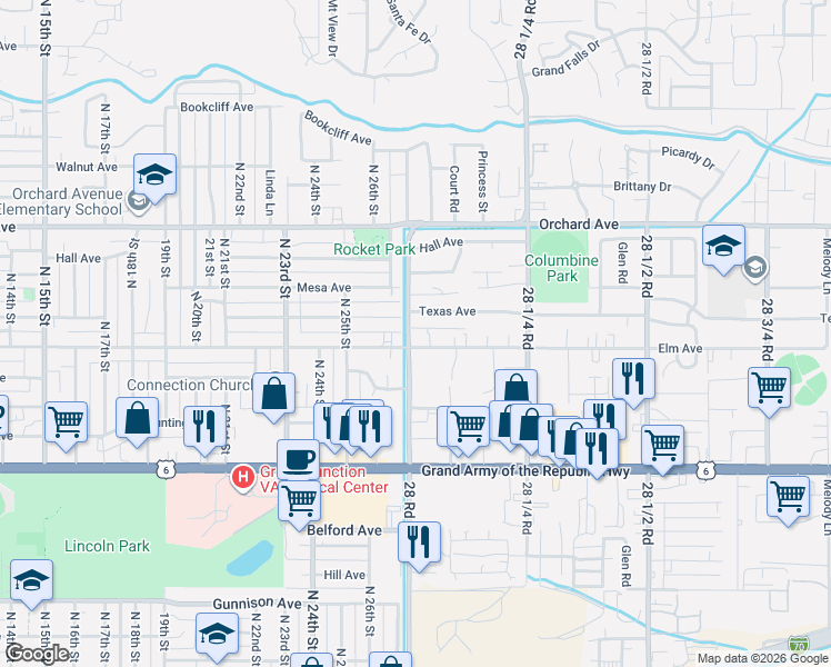 map of restaurants, bars, coffee shops, grocery stores, and more near 2629 Elm Avenue in Grand Junction