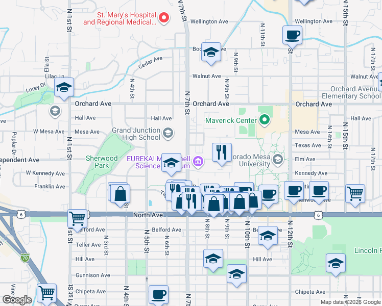 map of restaurants, bars, coffee shops, grocery stores, and more near in Grand Junction