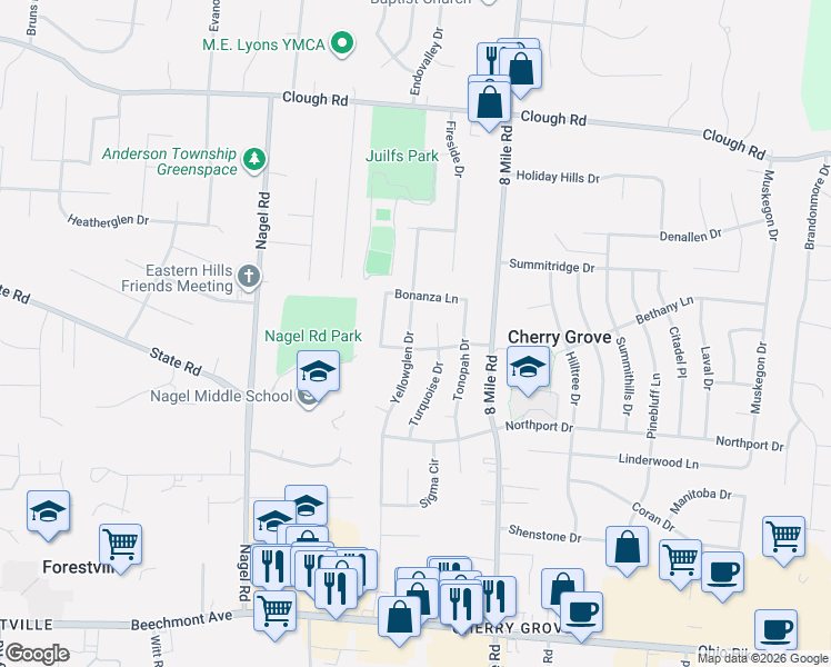 map of restaurants, bars, coffee shops, grocery stores, and more near 8210 Riovista Drive in Cincinnati