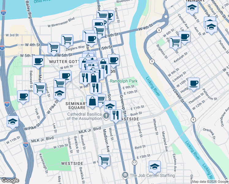 map of restaurants, bars, coffee shops, grocery stores, and more near 124 East 10th Street in Covington