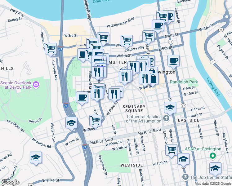 map of restaurants, bars, coffee shops, grocery stores, and more near 257 West Pike Street in Covington