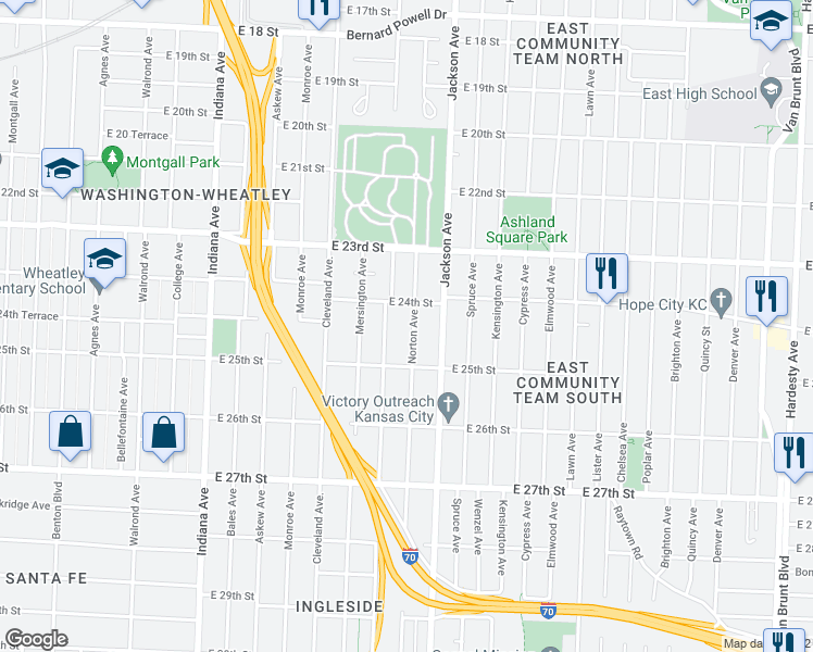 map of restaurants, bars, coffee shops, grocery stores, and more near 2433 Myrtle Avenue in Kansas City