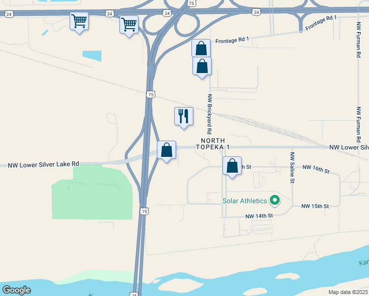 map of restaurants, bars, coffee shops, grocery stores, and more near 4427-4699 Northwest Lower Silver Lake Road in Topeka