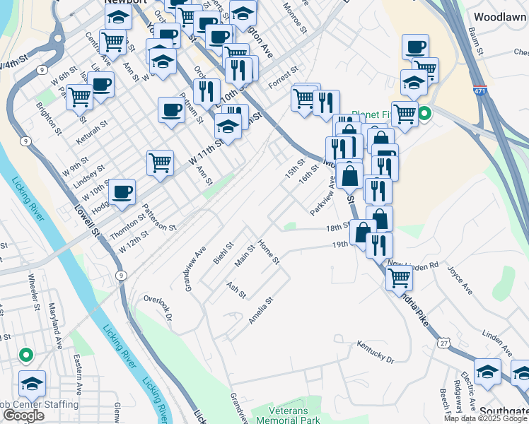 map of restaurants, bars, coffee shops, grocery stores, and more near 135 16th Street in Newport