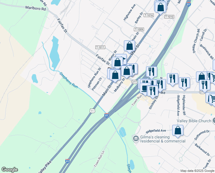 map of restaurants, bars, coffee shops, grocery stores, and more near 5483 Main Street in Stephens City